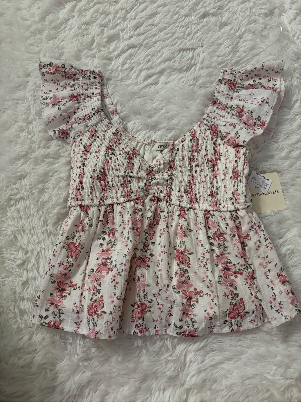 Smocked Floral Peplum Blouse - Pink on White